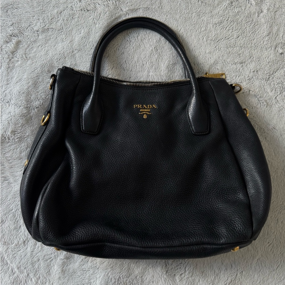 PRADA Black Leather Shoulder Bag with Gold Logo